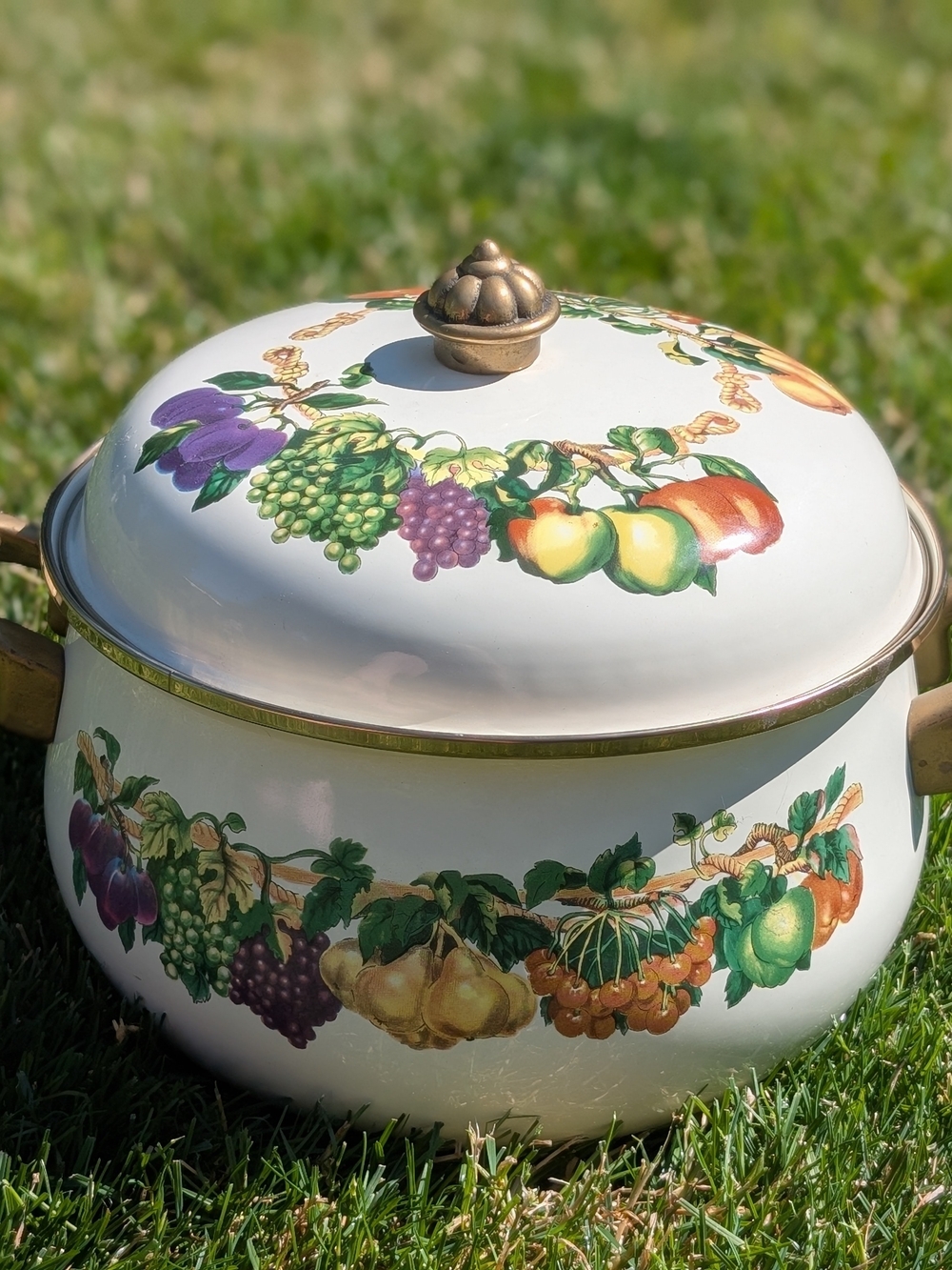 Vintage White Enamel Fruit-Pattern Covered Pot with Brass Trim